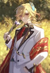 Rule 34 | 1boy, artist name, black shirt, blonde hair, blue gemstone, blurry, blurry background, blush, cape, collared jacket, collared shirt, earrings, feather hair ornament, feathers, flower, formal, gem, genshin impact, grass, hair between eyes, hair ornament, hand in pocket, hand up, highres, holding, holding flower, jacket, jewelry, kaveh (genshin impact), kaveh (gigo) (genshin impact), long sleeves, looking at viewer, male focus, matohuku1210, medium hair, necktie, official alternate costume, open clothes, open jacket, outdoors, pants, purple flower, red cape, red eyes, red necktie, shirt, smile, solo, sparkle, standing, suit, tassel, teeth, tree, vest, white jacket, white pants, white vest