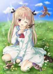 1girl ;d ahoge animal animal_on_shoulder ascot atri atri-my_dear_moments- between_legs bird bird_on_shoulder black_ribbon blue_sailor_collar blue_sky blush brown_bird brown_footwear brown_hair buttons commentary_request corrupted_twitter_file day dress flower full_body grass hair_between_eyes hair_ribbon hand_between_legs happy highres kusaya01411 loafers long_hair looking_at_animal on_grass one_eye_closed open_mouth outdoors red_ascot red_eyes ribbon sailor_collar sailor_dress shoes sitting sky sleeves_past_wrists smile solo straight_hair sunlight two_side_up wariza white_dress white_flower wide_sleeves yellow_flower