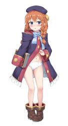 Rule 34 | 1girl, absurdres, beret, black hat, blue eyes, blush, braid, brown footwear, frills, full body, gluteal fold, hair between eyes, hat, highres, holding, hood, hooded coat, long hair, long sleeves, looking at viewer, navel, nedia (nedia region), no pants, open clothes, open mouth, orange hair, panties, parted lips, princess connect!, ribbon, shirt, simple background, sleeves past wrists, solo, standing, twin braids, underwear, white background, white panties, white shirt, yuni (princess connect!)