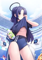 Rule 34 | 1girl, bare legs, blue archive, blue buruma, blue jacket, blue shirt, blush, bottle, breasts, buruma, clothes lift, commentary, cowboy shot, ddangbi, drone, from below, hair ornament, halo, highres, id card, jacket, jacket partially removed, lanyard, large breasts, lifted by self, long hair, looking at viewer, matching hair/eyes, off shoulder, official alternate costume, one eye closed, outdoors, ponytail, purple eyes, purple hair, shirt, short sleeves, sweat, track jacket, underboob, water bottle, yuuka (blue archive), yuuka (track) (blue archive)