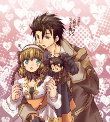 Rule 34 | 1boy, 1girl, alvin (tales), bad id, bad pixiv id, black gloves, brown eyes, brown hair, character name, coat, ascot, detached collar, gloves, green eyes, hairband, heart, heart background, itsuki (platinum1228), leia rolando, pink background, short hair, tales of (series), tales of xillia, translation request