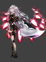 Rule 34 | 1girl, alternate costume, animal ears, ass, black footwear, black gloves, black thighhighs, breasts, elbow gloves, foreshortening, gloves, glowing, grey background, grey hair, gun, highres, holding, holding gun, holding weapon, kannon-mitsuki, long hair, looking at viewer, looking back, medium breasts, nier (series), nier:automata, pixelated, rabbit ears, reisen udongein inaba, solo, standing, thighhighs, touhou, very long hair, weapon, a2 (nier:automata)