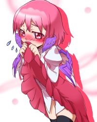Rule 34 | 1girl, animal ears, black thighhighs, blush, clothes lift, covering face, covering own mouth, covering privates, dress, dress lift, dress shirt, female focus, haruichi (komikal), head wings, lifting own clothes, mystia lorelei, no headwear, panties, pink background, pink dress, pink eyes, pink hair, pink panties, shirt, short hair, shy, solo, striped clothes, striped panties, thighhighs, touhou, underwear, wings