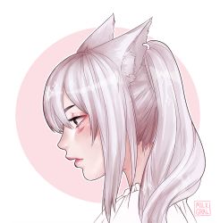 Rule 34 | 10s, 1girl, animal ears, artist name, cat ears, commentary, earrings, facial mark, final fantasy, final fantasy xiv, from side, jewelry, lips, long hair, milkgrrl, miqo&#039;te, nose, parted lips, portrait, profile, simple background, solo, white background, white hair