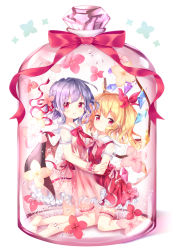 Rule 34 | 2girls, alternate costume, barefoot, bat wings, blonde hair, blush, bow, breasts, commentary request, crystal, dress, eyelashes, fingernails, flandre scarlet, flower, frills, full body, hand on another&#039;s arm, in container, kneeling, looking at viewer, mimi (mimi puru), mini person, minigirl, multiple girls, neck ribbon, no headwear, one side up, open mouth, pink dress, pink flower, pink ribbon, pointy ears, purple hair, rainbow order, red bow, red dress, red ribbon, remilia scarlet, ribbon, short hair, short sleeves, siblings, simple background, sisters, small breasts, smile, thigh strap, touhou, water drop, white background, wings, wrist cuffs, ||/