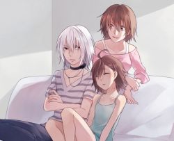 Rule 34 | 1boy, 2girls, accelerator (toaru majutsu no index), ahoge, albino, arm support, black legwear, blue dress, bob cut, brown eyes, brown hair, child, choker, closed eyes, collar, collarbone, commentary, couch, crossed arms, dress, frown, index (toaru majutsu no index), indoors, last order (toaru majutsu no index), looking at another, looking back, misaka worst, multiple girls, off-shoulder shirt, off shoulder, on couch, pants, parted lips, pink shirt, red eyes, sanpaku, shirt, short hair, siblings, side-by-side, sisters, sitting, sleeping, sleeveless, sleeveless dress, smile, striped clothes, striped shirt, sundress, tank top, toaru majutsu no index, white hair, white shirt, white tank top, zarutsu