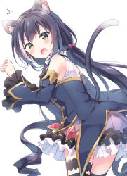 Rule 34 | 1girl, ^^^, animal ear fluff, animal ears, black hair, black thighhighs, blush, cat ears, cat girl, cat tail, commentary request, detached sleeves, fang, green eyes, hazuki (sutasuta), highres, karyl (princess connect!), looking at viewer, low twintails, multicolored hair, open mouth, princess connect!, purple skirt, simple background, skirt, solo, streaked hair, tail, thighhighs, twintails, white background, white hair