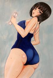 Rule 34 | 1girl, ass, black hair, blue background, blue one-piece swimsuit, blush, breasts, brown eyes, from behind, highres, holding, kirisute, large breasts, looking back, one-piece swimsuit, open mouth, short hair, standing, swimsuit, wash cloth, wet