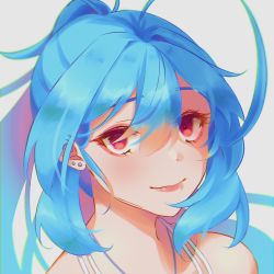 Rule 34 | 1girl, ahoge, aoameayumi, aoameayumi (artist), bare shoulders, blue hair, blurry, close-up, depth of field, ear piercing, headshot, highres, lipstick, looking at viewer, looking up, makeup, piercing, ponytail, portrait, red eyes, shirt straps, smile, solo, tomopulse, virtual youtuber, white background