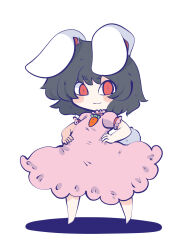 Rule 34 | :3, animal ears, barefoot, black hair, blush, carrot necklace, chahan (fried rice0614), commentary, dress, frilled dress, frills, hands on own hips, highres, inaba tewi, jewelry, light smile, looking at viewer, neck ribbon, necklace, pink dress, puffy short sleeves, puffy sleeves, rabbit ears, rabbit tail, red eyes, ribbon, ribbon-trimmed sleeves, ribbon trim, shadow, short sleeves, simple background, standing, tail, touhou, white background