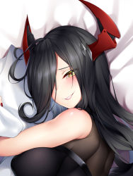 Rule 34 | 1girl, asymmetrical bangs, azur lane, bakugadou, bare shoulders, bed sheet, black hair, bodysuit, breasts, dakimakura (medium), eyes visible through hair, friedrich der grosse (azur lane), grin, hair over one eye, horn ornament, horns, large breasts, long hair, looking at viewer, lying, nail polish, on side, red nails, sleeveless, smile, solo, straight hair, taut clothes, turtleneck