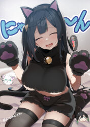 Rule 34 | 2girls, ^ ^, animal ears, animal hands, bell, black hair, black shirt, black shorts, black thighhighs, breasts, cat, cat ears, closed eyes, commentary request, fake animal ears, gloves, hair ornament, hairclip, highres, jingle bell, large breasts, long hair, love live!, love live! nijigasaki high school idol club, multiple girls, neck bell, open mouth, paw gloves, sasanon (sasapoliton), shirt, shorts, sitting, speech bubble, takasaki yu, thighhighs, thighs, translation request, underboob, yuki setsuna (love live!)