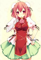 Rule 34 | 1girl, :o, bandages, bun cover, chain, chinese clothes, cuffs, double bun, female focus, flower, hand on own hip, highres, ibaraki kasen, index finger raised, kaneru, pink hair, red eyes, rose, short hair, skirt, solo, touhou