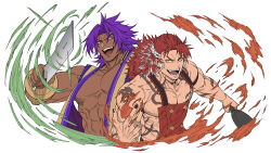 Rule 34 | 2boys, apron, bara, bare pectorals, bhima (fate), body markings, fate/grand order, fate (series), granblue fantasy, highres, holding, holding weapon, large pectorals, long hair, male focus, multicolored hair, multiple boys, muscular, muscular male, official alternate costume, open clothes, open mouth, pectorals, purple hair, red apron, red hair, smile, two-tone hair, weapon, white hair, wilnas (apron of ardor) (granblue fantasy), wilnas (granblue fantasy), zanki