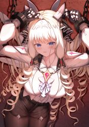 Rule 34 | 1girl, armored boots, armored gloves, arms up, black shorts, blonde hair, blue eyes, blush, boots, bound, bound wrists, breasts, brown pantyhose, chain, coat, collared shirt, crown (nikke), diadem, drill hair, goddess of victory: nikke, hair ornament, headgear, jewelry, jin tian xiang dian sha, large breasts, long hair, looking at viewer, necklace, pantyhose, shirt, shorts, solo, white coat, white shirt
