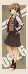 Rule 34 | 10s, 1girl, absurdres, alternate costume, bad id, bad twitter id, blue eyes, boots, border, brown background, brown hair, brown shirt, collarbone, commentary request, cross-laced footwear, eyebrows, full body, hands in pockets, high tops, highres, jacket, kantai collection, kazagumo (kancolle), lace-up boots, laces, long hair, looking at viewer, miroku san-ju, muted color, pocket, ponytail, shirt, shirt tucked in, shoes, signature, skirt, smile, sneakers, solo