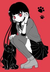 Rule 34 | 1girl, black cat, cat, closed mouth, danganronpa (series), danganronpa v3: killing harmony, earrings, hair ornament, hair scrunchie, hairclip, harukawa maki, highres, jewelry, long hair, long sleeves, low twintails, miniskirt, mole, mole under eye, pleated skirt, red background, red eyes, sailor collar, satori (aosky9077), scrunchie, shirt, shoes, skirt, smile, solo, squatting, thighhighs, twintails