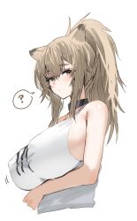 Rule 34 | 1girl, ?, animal ears, arknights, arm under breasts, bare arms, bare shoulders, black choker, breasts, brown eyes, brown hair, choker, commentary request, covered erect nipples, highres, horn/wood, huge breasts, lion ears, lion girl, looking at viewer, ponytail, shirt, siege (arknights), simple background, sleeveless, sleeveless shirt, solo, spoken question mark, upper body, white background, white shirt