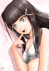 Rule 34 | 1girl, absurdres, aqua eyes, bare shoulders, bra, breasts, brown hair, cleavage, highres, kurosawa dia, long hair, looking at viewer, love live!, love live! sunshine!!, minami saan, open mouth, small breasts, smile, solo, underwear