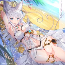 Rule 34 | 1girl, animal ears, arm up, armpits, artist name, beach, bikini, blue eyes, blue nails, blush, breasts, character name, cleavage, collar, commentary request, copyright name, dark hound 3, day, erune, fingernails, granblue fantasy, highres, korwa, korwa (summer) (granblue fantasy), long hair, looking at viewer, lying, medium breasts, nail polish, navel, ocean, on back, outdoors, parted lips, shiny skin, silver hair, simple background, smile, solo, stomach, swimsuit, thighs