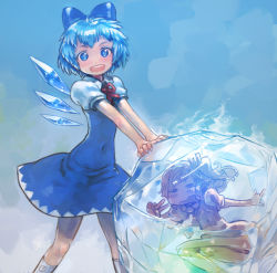 Rule 34 | circled 9, 2girls, :d, \m/, blue dress, blue eyes, blue hair, bow, cirno, covered navel, daiyousei, dress, frozen, hair bow, ice, ice wings, multiple girls, open mouth, revision, short hair, smile, symbol-shaped pupils, touhou, v, wings, yst