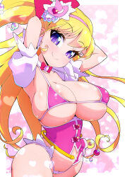 Rule 34 | 1girl, absurdres, adapted costume, areola slip, arms up, asahina mirai, bikini, blonde hair, blush, breasts, cure miracle, half updo, hat, hat ornament, heart, heart hat ornament, highres, large breasts, long hair, looking at viewer, magical girl, mahou girls precure!, mini hat, navel, pink bikini, pink hat, precure, purple eyes, ryuuta (cure ryuuta), shiny skin, smile, solo, standing, swimsuit, witch hat