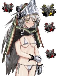 Rule 34 | 1girl, acid originium slug (arknights), arknights, bikini, black cloak, blush, character request, cloak, closed mouth, cowboy shot, embarrassed, fartooth (arknights), feather hair, frown, gauntlets, green ribbon, grey hair, groin, hair ribbon, highres, holding own arm, hood, hood down, inset, long hair, looking at viewer, micro bikini, nose blush, orrdriver, recurring image, red ribbon, ribbon, sideways glance, silver bikini, simple background, solo, swimsuit, thick eyebrows, torn clothes, visor (armor), white background, white eyes, white ribbon, yellow eyes