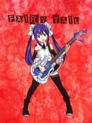 Rule 34 | black hair, blue hair, brown eyes, detached sleeves, electric guitar, fairy tail, gradient background, guitar, instrument, long hair, mashima hiro, solo, thighhighs, twintails, wendy marvell, zettai ryouiki