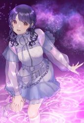 Rule 34 | artist request, black hair, brown eyes, commentary, dress, english commentary, fangs, film grain, fukumaru koito, hair ribbon, highres, idolmaster, idolmaster shiny colors, long hair, looking at viewer, low twintails, purple nails, ribbon, ripples, sandals, see-through, see-through sleeves, skin fangs, swept bangs, twintails, white dress