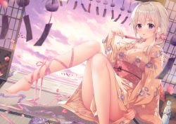 Rule 34 | 1girl, absurdres, ahoge, bare legs, barefoot, blurry, blurry foreground, blush, breasts, brown kimono, cleavage, cloud, cloudy sky, collarbone, dutch angle, falling petals, feet, floral print, flower, food, grey hair, hair between eyes, hair flower, hair ornament, hanakumo rin (vtuber), highres, holding, holding food, japanese clothes, kimono, long hair, long sleeves, looking at viewer, medium breasts, no bra, obi, petals, pink flower, pink ribbon, popsicle, propro production, purple eyes, purple ribbon, ribbon, sash, second-party source, sidelocks, sitting, sky, smile, solo, sousouman, sunset, sweatdrop, tatami, tongue, tongue out, virtual youtuber, wide sleeves, yukata