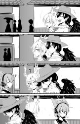 Rule 34 | +++, ..., 3girls, 4koma, ?, ^ ^, bare shoulders, benizuwai, blush, closed eyes, comic, commentary request, cowboy hat, day, detached collar, dragon horns, earmuffs, earrings, closed eyes, greyscale, hair between eyes, hat, highres, horns, jewelry, kicchou yachie, kurokoma saki, laughing, long hair, looking at another, monochrome, multiple girls, nose blush, outdoors, pegasus wings, pointy hair, shaded face, short hair, silent comic, silhouette, slit pupils, smile, sweat, nervous sweating, touhou, toyosatomimi no miko, wings