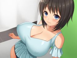 Rule 34 | 1girl, azuki yui, black hair, blue eyes, blush, breasts, cleavage, closed mouth, collarbone, embarrassed, floor, from above, highres, indoors, kyonyuu inaka musume to sugosu ecchi na natsuyasumi 2: tokai hen, large breasts, looking at viewer, medium hair, smile, solo, standing