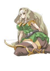Rule 34 | 1girl, bow (weapon), breasts, brown eyes, cloak, covered erect nipples, dragon&#039;s crown, elf, elf (dragon&#039;s crown), hip focus, hirowa nagi, hood, impossible clothes, impossible shirt, large breasts, long hair, pointy ears, shirt, shorts, simple background, sitting, solo, thighhighs, thighs, vanillaware, weapon, wide hips