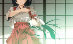 Rule 34 | 1girl, black hair, head out of frame, highres, japanese clothes, long hair, miko, original, shikei, solo, standing, wind