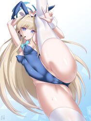 Rule 34 | 1girl, absurdres, animal ears, bare shoulders, blonde hair, blue archive, blue eyes, blue leotard, blush, breasts, cameltoe, cleavage, cleft of venus, crotch, detached collar, earpiece, fake animal ears, guriguri (arayotto4351), hair ribbon, highleg, highleg leotard, highres, leg lift, leg up, leotard, long hair, looking at viewer, medium breasts, official alternate costume, playboy bunny, rabbit ears, ribbon, solo, split, standing, standing on one leg, standing split, strapless, strapless leotard, thighhighs, thighs, toki (blue archive), toki (bunny) (blue archive), very long hair, wrist cuffs