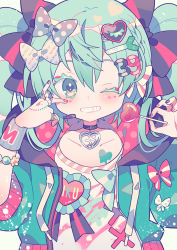 Rule 34 | 1girl, 39, ;), aqua eyes, aqua hair, bow, bracelet, candy, character name, choker, collarbone, colored eyelashes, food, food-themed hair ornament, grin, hair bow, hair ornament, hatsune miku, headset, heart, heart-shaped pupils, heart-shaped lollipop, highres, holding, holding food, hood, hood down, jacket, jewelry, lollipop, looking at viewer, nail polish, one eye closed, open clothes, open jacket, pendant, polka dot, polka dot bow, ribbon, ring, shaped lollipop, smile, solo, spring onion hair ornament, symbol-shaped pupils, twintails, upper body, vocaloid, wristband, yumenouchi chiharu