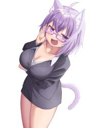 Rule 34 | 1girl, :3, absurdres, adjusting eyewear, ahoge, animal ear fluff, animal ears, arm under breasts, black jacket, black skirt, blush, breasts, cat ears, cat girl, cat tail, cleavage, collarbone, collared shirt, commentary request, cowboy shot, crossed bangs, from above, glasses, hair between eyes, half-closed eyes, hands up, highres, hololive, jacket, kajitsu no hito, large breasts, looking at viewer, medium hair, miniskirt, nekomata okayu, open mouth, pencil skirt, purple-framed eyewear, purple eyes, purple tail, shirt, simple background, skirt, smile, smug, solo, spiked hair, standing, tail, thighs, virtual youtuber, white background, white shirt
