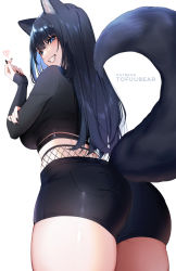 Rule 34 | 1girl, animal ears, ass, black hair, black nails, blue eyes, blue hair, blush, breasts, colored inner hair, commentary, fox ears, fox girl, fox tail, highres, large breasts, long hair, long sleeves, looking at viewer, multicolored hair, nail polish, original, patreon username, reiko (tofuubear), shorts, smile, solo, symbol-only commentary, tail, teeth, thighs, tofuubear, white background