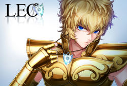 Rule 34 | 1boy, armor, blonde hair, blue eyes, full armor, gold armor, gradient background, jewelry, leo aiolia, male focus, pendant, product placement, saint seiya, short hair, solo, yonakaforever