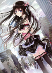 Rule 34 | 1girl, absurdres, arm garter, bare shoulders, black hair, black skirt, black thighhighs, blue eyes, bow, cellphone, city, corset, denpa (kazuharu), detached collar, frilled skirt, frills, from behind, hair bow, hair ornament, highres, image sample, iphone, kazuharu kina, lace, long hair, looking at viewer, looking back, miniskirt, open mouth, original, phone, plaid, plaid skirt, rabbit hair ornament, ribbon, skirt, smartphone, solo, stuffed animal, stuffed rabbit, stuffed toy, thighhighs, twintails, wrist cuffs