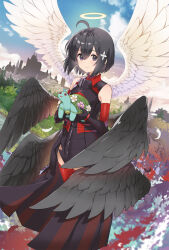Rule 34 | 1girl, ahoge, angel, angel wings, animal, armor, bare shoulders, black armor, black feathers, black hair, black wings, blue sky, bob cut, breastplate, breasts, city, closed mouth, cloud, commentary, cover, cover page, cumulonimbus cloud, dutch angle, elbow gloves, falling feathers, feathered wings, feathers, flower, foliage, gauntlets, gloves, gradient sky, hair between eyes, halo, highres, holding, holding animal, itai no wa iya nano de bougyoryoku ni kyokufuri shitai to omoimasu, koin (foxmark), looking at viewer, maple (bofuri), multiple wings, official art, pink flower, pink skirt, purple eyes, red eyes, red gloves, red thighhighs, red undershirt, second-party source, short hair, shuriken hair ornament, skirt, sky, skyline, small breasts, smile, solo, standing, syrup (bofuri), textless version, thighhighs, tower, tree, turtle, turtleneck, white feathers, white flower, white wings, wings, zettai ryouiki
