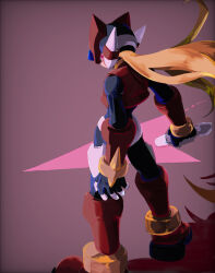 Rule 34 | 1boy, android, blonde hair, from behind, highres, holding, holding sword, holding weapon, long hair, looking at viewer, looking back, male focus, mega man (series), mega man zero (series), mega man zero 3, omega (mega man), omochi (mochi skymega), red eyes, simple background, sword, weapon, z saber