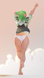 Rule 34 | 1girl, absurdres, arm behind head, arm up, ass, barefoot, beige background, commission, facing away, from behind, full body, green hair, hand in own hair, highres, hood, hood down, hoodie, kneepits, legs, long hair, long sleeves, naftosaur, no pants, original, outstretched arm, panties, scratching, sleeves pushed up, soles, solo, standing, standing on one leg, thigh gap, twitter username, underwear, white panties, wide hips