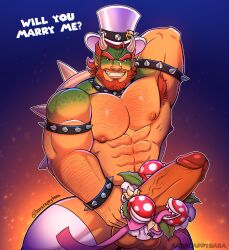 Rule 34 | 1boy, abs, armpits, bara, baracappybara, beard, bowser, come hither, cowboy shot, demon horns, english text, erection, excessive armpit hair, facial hair, fellatio, full beard, girthy penis, hairy, hat, highres, horns, huge eyebrows, huge penis, humanization, large pectorals, licking, licking penis, looking at viewer, male focus, mario (series), mature male, monster boy, muscular, muscular male, nintendo, nipples, oral, pectorals, penis, presenting armpit, scales, seductive smile, shell, short hair, smile, solo, standing, stomach, the super mario bros. movie, thick arm hair, thick beard, thick chest hair, thighhighs, title, top hat, topless male, turtle boy, uncensored, white thighhighs