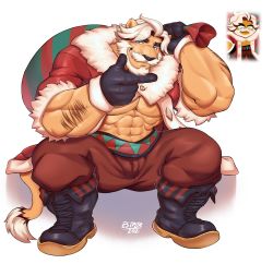 Rule 34 | 1boy, abs, absurdres, animal ears, arm hair, bara, beard, blue eyes, bulge, carrying over shoulder, cookie run, eggnog cookie, estper, facial hair, full body, fur-trimmed jacket, fur trim, furrification, furry, furry male, gift bag, highres, jacket, large pectorals, lion boy, lion ears, lion tail, male focus, mature male, muscular, muscular male, mustache, navel, open clothes, open jacket, pectoral cleavage, pectorals, red jacket, reference inset, santa costume, short hair, sitting, solo, stomach, stroking beard, tail, thick eyebrows, underpec, white hair