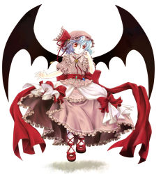 Rule 34 | 1girl, bat wings, blue hair, dress, female focus, frills, hat, highres, red eyes, remilia scarlet, ribbon, simple background, socha, solo, too many, touhou, wings