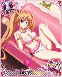 Rule 34 | 10s, 1girl, blush, card (medium), chess piece, hairband, high school dxd, high school dxd infinity, jewelry, lingerie, long hair, necklace, orange hair, purple eyes, rook (chess), shidou irina, solo, torn clothes, trading card, twintails, underwear, very long hair, worried