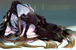 Rule 34 | 2others, ^ ^, absurdly long hair, absurdres, androgynous, black footwear, black gloves, black hair, black shorts, bob cut, bort, closed eyes, colored skin, crystal hair, diamond (houseki no kuni), elbow gloves, facing away, gloves, hand on floor, highres, houseki no kuni, kneeling, loafers, long hair, lying, multiple others, necktie, on floor, on side, shirt, shoes, short hair, shorts, smile, straight hair, suspender shorts, suspenders, taro-k, thighhighs, very long hair, white shirt, white skin, white thighhighs