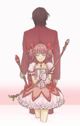 Rule 34 | 10s, 1boy, 1girl, back-to-back, bow, bow (weapon), brown hair, bubble skirt, creator connection, crossover, fate/zero, fate (series), gloves, hair bow, height difference, highres, kaname madoka, magical girl, mahou shoujo madoka magica, mahou shoujo madoka magica (anime), pink hair, short twintails, skirt, tohsaka tokiomi, twintails, urobuchi gen, weapon, xplete