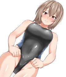 Rule 34 | 1boy, adjusting clothes, adjusting swimsuit, black one-piece swimsuit, blush, brown hair, castration, guro, hair between eyes, highres, one-piece swimsuit, original, pxkanif, red eyes, swimsuit, tagme